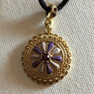 1928 Choker Adjustable Necklace, Purple & Gold Medallion Circle Pendant on Cord